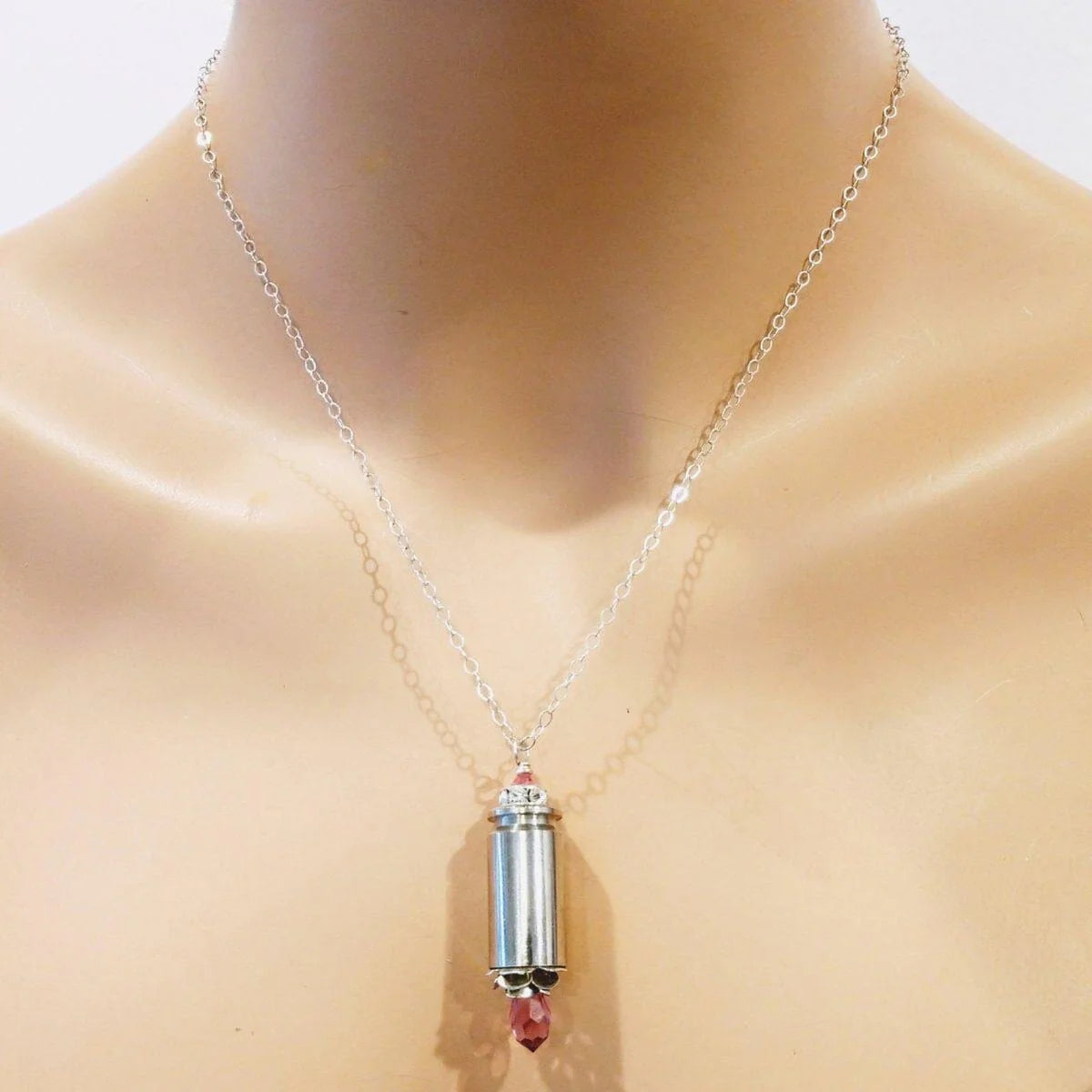 Vintage Style Pink Crystal Drop Silver Bullet Necklace