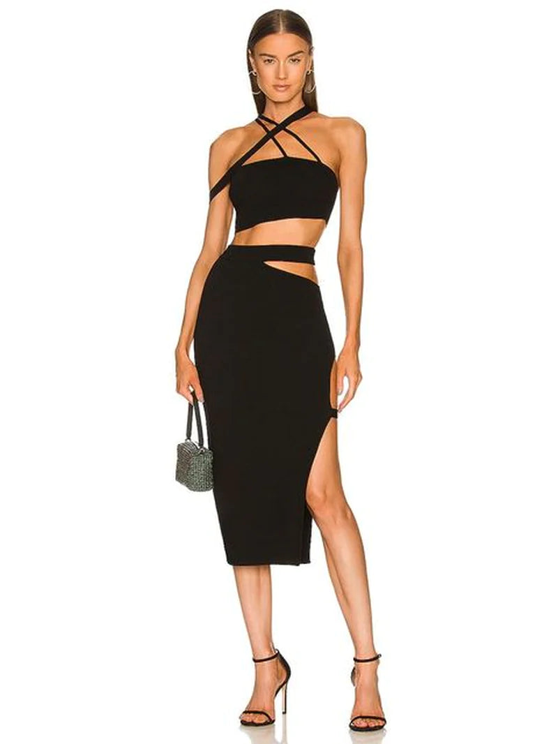 Women'S Bandage Suit 2-Piece Set - Sexy Bodycon Cut Out Crop Top & Long Midi Skirt - Summer 2022 Club Evening Party Outfit