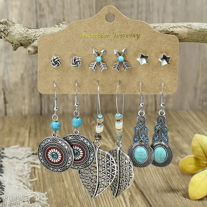 Vintage Style Drop Dangle Earrings and Stud Earrings Set for Women and Girls - Heart-Shaped, Tassels, Feathers, and Turquoise