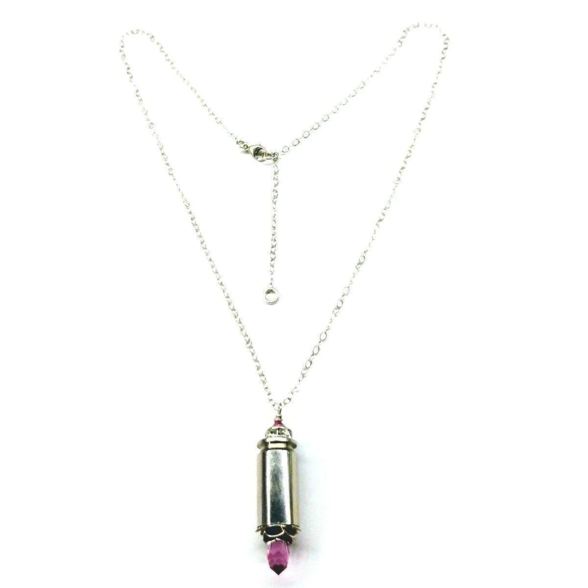 Vintage Style Pink Crystal Drop Silver Bullet Necklace