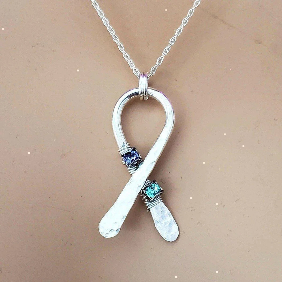Silver Suicide Prevention Awareness Ribbon Necklace with Purple and Teal Crystals