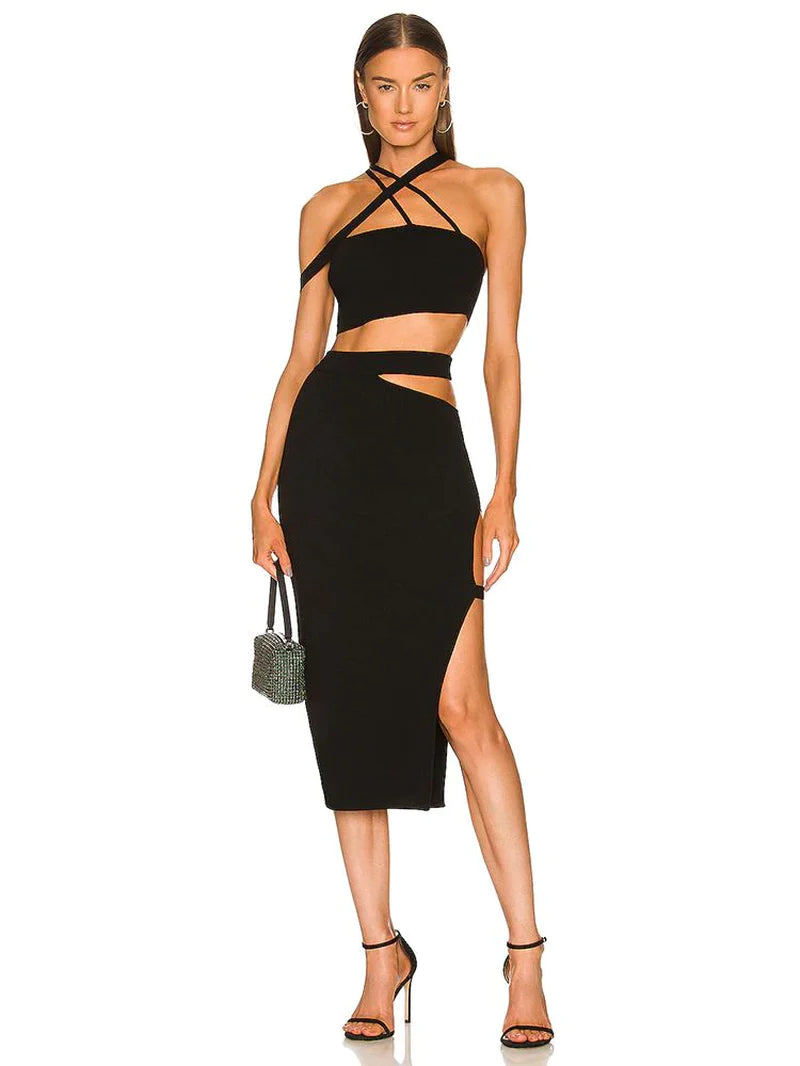 Women'S Bandage Suit 2-Piece Set - Sexy Bodycon Cut Out Crop Top & Long Midi Skirt - Summer 2022 Club Evening Party Outfit