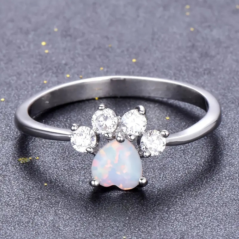 Rainbow Fire Opal Animal Paw Rings for Women - Cute Bear, Cat, and Dog Designs with Zircon Heart Claws