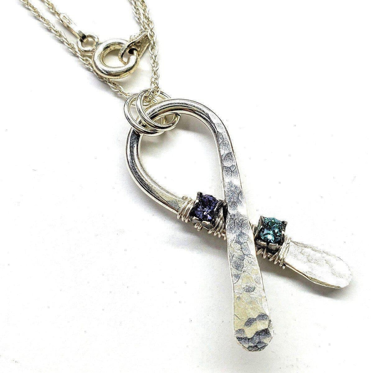 Silver Suicide Prevention Awareness Ribbon Necklace with Purple and Teal Crystals