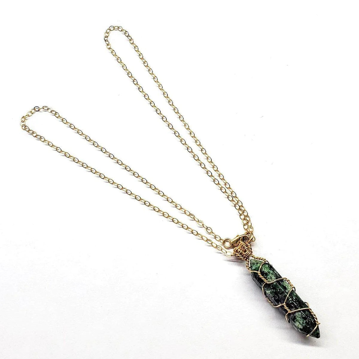 Gold Wire Wrapped Caged in Ruby in Zoisite Pointed Crystal Necklace